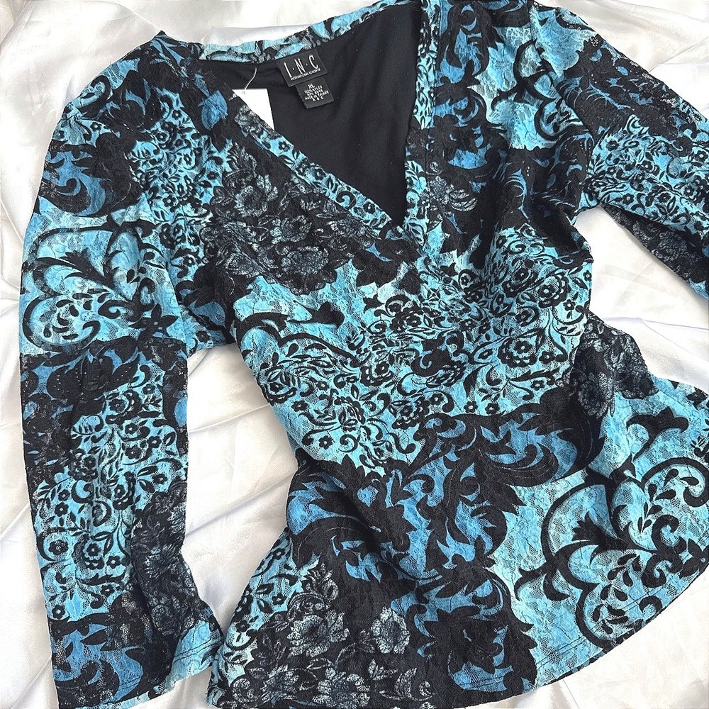 INC International Concepts Blue Black Lace Floral Damask Surplice Top XL